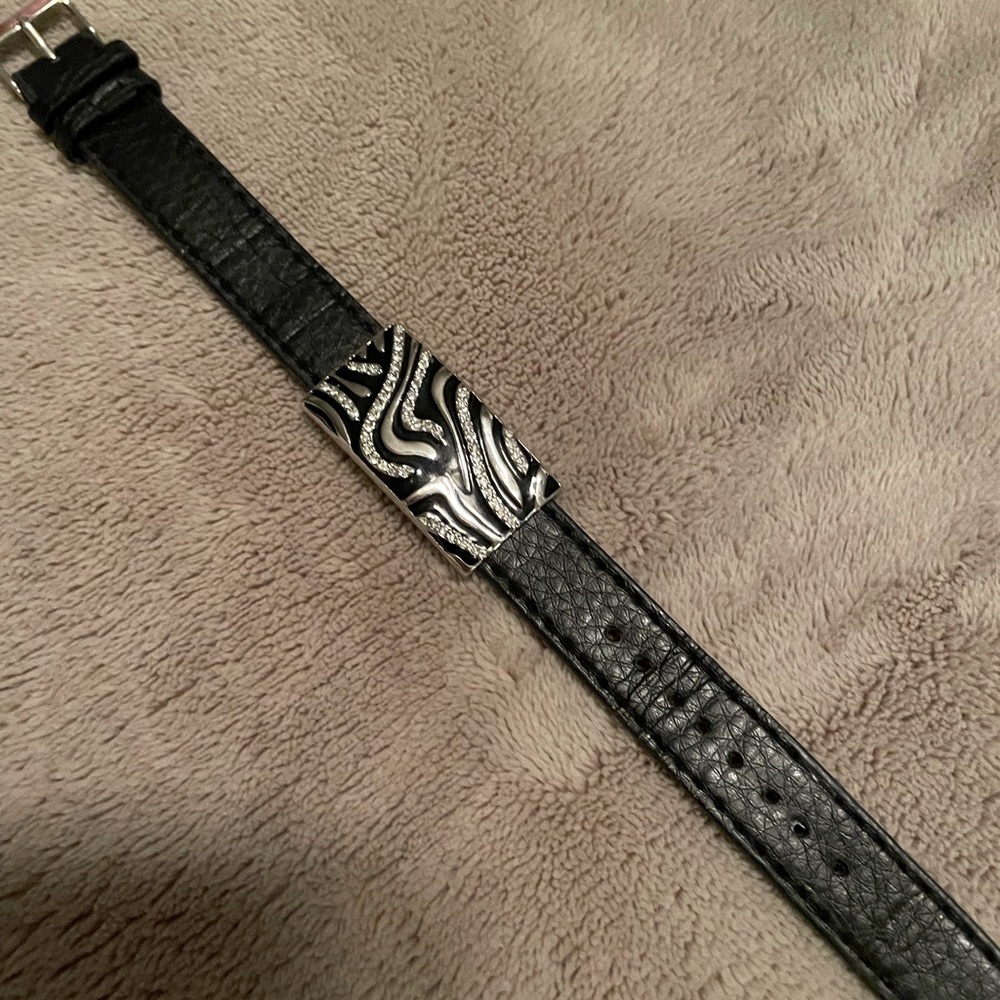 Lia Sophia Silver Black Rhinestone Leather Strap Bracelet- Adjustable